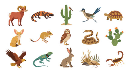 Fototapeta premium Desert Animals and Plants Flat Vector Illustration - Wildlife Icon Set