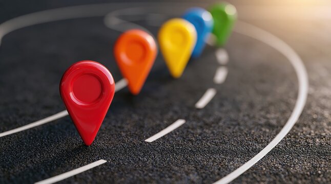 Navigation concept with map pins on a road showing a travel route and location