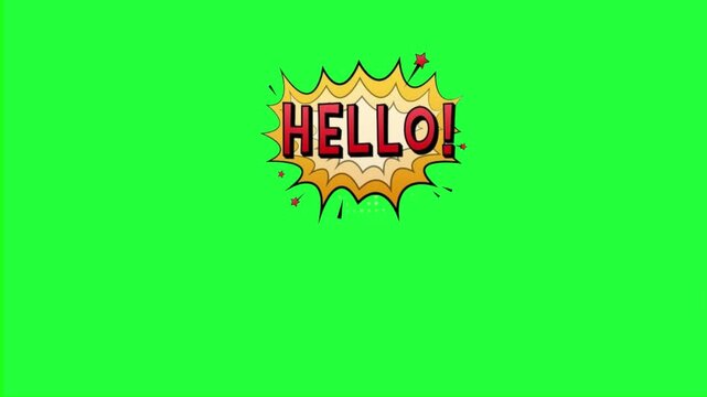 Comic book style hello speech bubble animation with green screen