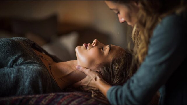 Woman receiving a calming facial and head massage treatment at a tranquil wellness spa retreat