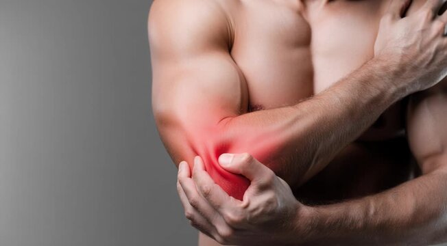Shirtless athlete holding his inflamed elbow because of joint pain, injury, or arthritis