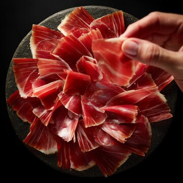 Delicious slices of typical spanish iberian ham on a stone plate, a person is picking one up