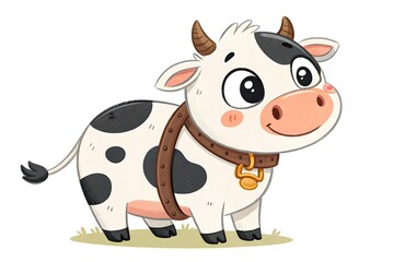 Fototapeta premium Cartoon cow wearing a brown harness and bell