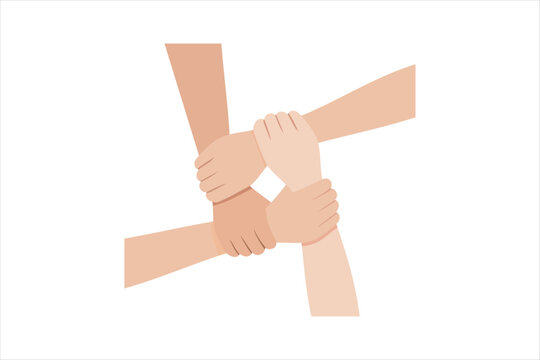 Four hands holding each other's wrists in a loop. Vector illustration for teamwork, unity, partnership, and mutual support concept.