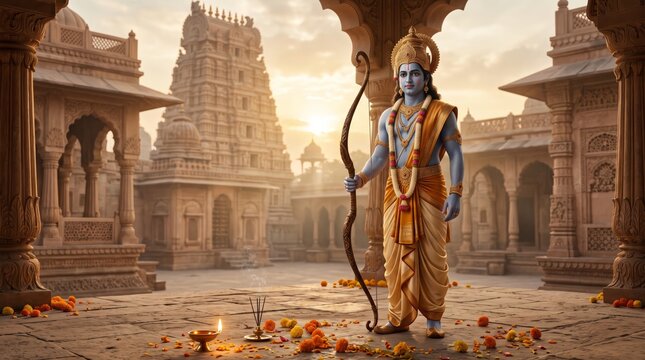 Lord Rama in Ancient Indian Temple During Devotional Ceremony