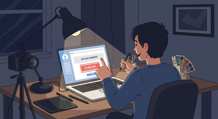 Fototapeta premium Creative freelancer working late on laptop, publishing content online