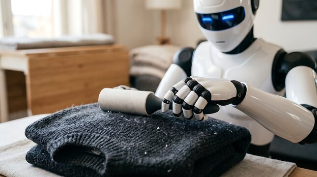 A futuristic humanoid robot meticulously cleaning a dark gray sweater with a lint roller.