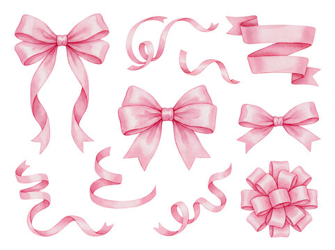 Watercolor pink ribbons and bows collection isolated on black background