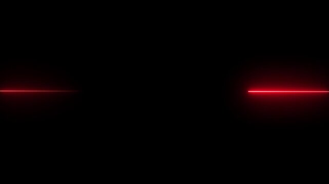 Straight rad neon laser line light horizontal beam loop on dark black background