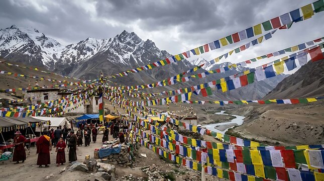 Colorful Prayer Flags Adorn a Mountainous Landscape in a Himalayan Valley.