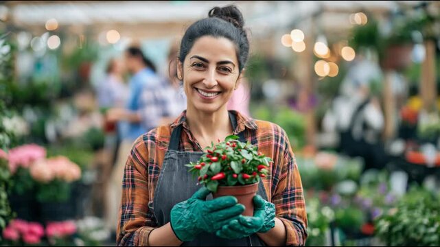Smiling female worker in a nursery holding a potted chili pepper plant and looking at the camera