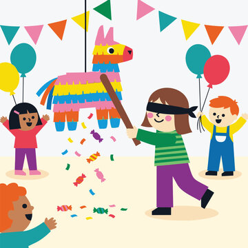 Little kids hitting colorful pinata at birthday party flat vector illustration