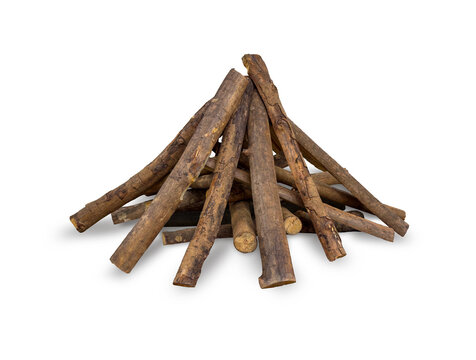 Pile of firewood for a campfire during an overnight camping trip isolated on white background