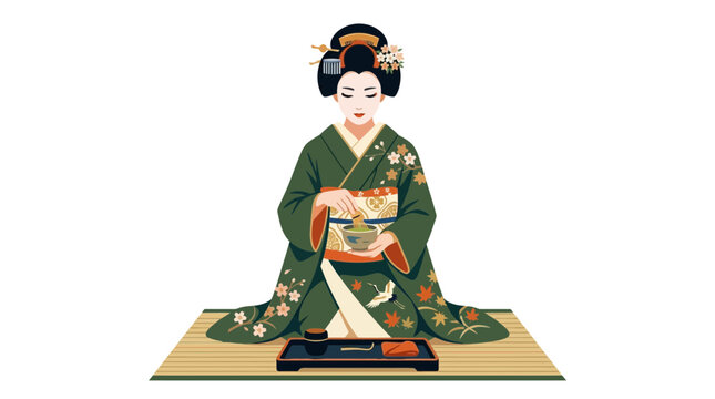 Japanese Woman Performing Traditional Tea Ceremony Illustration