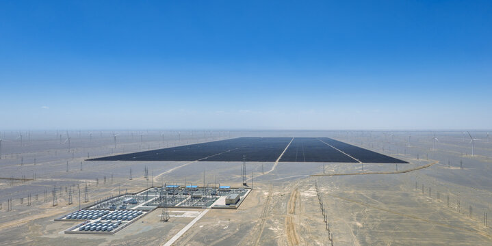 Aerial View of Integrated Solar, Wind and Energy Storage Power Base in Gobi Desert
