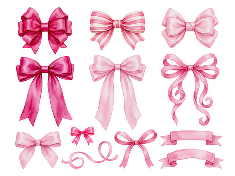 Watercolor pink and magenta bows set with ribbons and banners isolated on black background