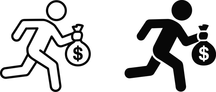 Running thief with money bag icon featuring outline and solid styles for robbery crime theft and security concepts