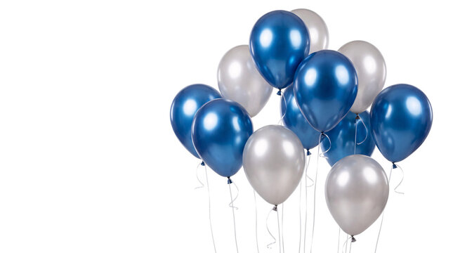 Bunch of blue and silver metallic balloons isolated on png transparent background
