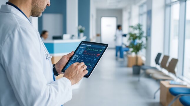 Male doctor analyzing patient vital signs on digital tablet screen in bright hospital corridor, medical professional checking health data and monitoring system.