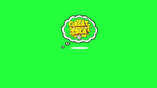 Animated cartoon thought bubble with glowing lightbulb and text idea 