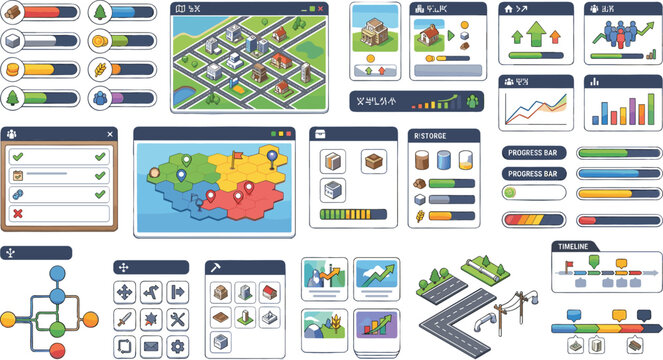 Isometric city builder strategy game UI kit with mobile interface menus, world maps, resource tracking bars, graphs, and construction management panels.