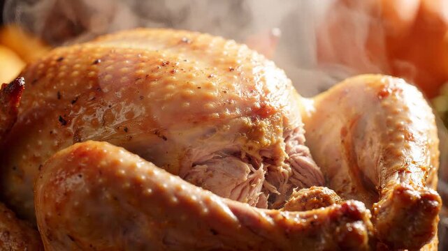 A close-up of a perfectly roasted golden-brown turkey, steaming hot and ready for a festive holiday meal.