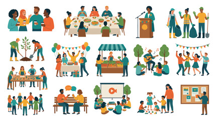 Fototapeta premium Flat Vector Illustrations: Diverse People in Community Engagement, Volunteering, Social Events Learning