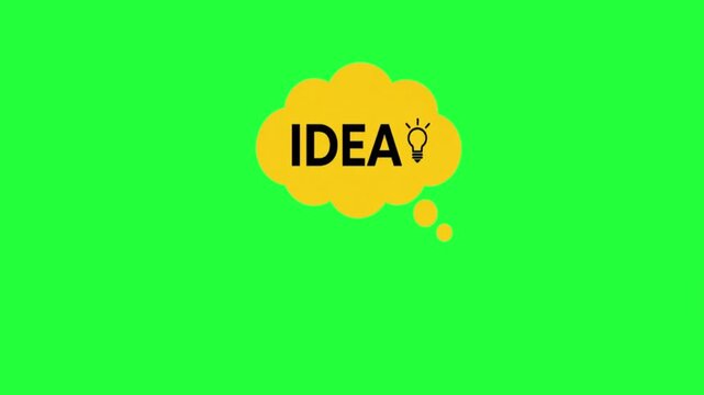 Yellow thought bubble with the word i d e a and a lightbulb on a idea