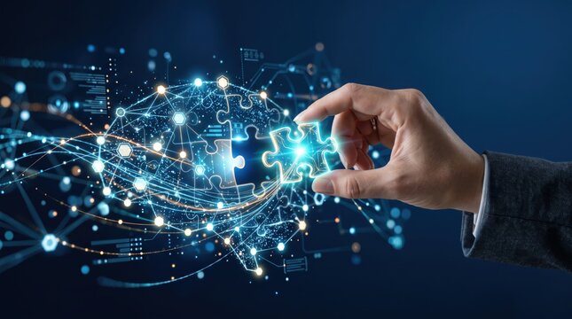 Hand placing glowing puzzle piece into abstract digital globe network symbolizing global connectivity, technological integration, problem solving, innovation and strategic