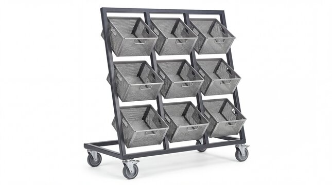 Metal display stand featuring nine perforated baskets with wheels for organizing retail products inside a commercial store on white background