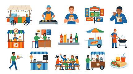 Naklejka premium Flat Vector Food Carts and People Eating at Street Food Stalls