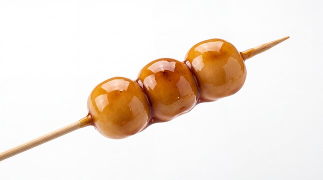 Traditional japanese mitarashi dango sweet rice dumplings coated in savory soy sauce glaze served on a wooden skewer on white background