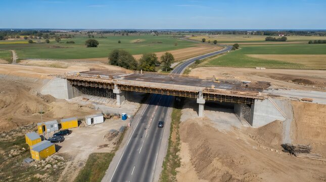 Aerial view of a highway overpass bridge under construction over an asphalt road.