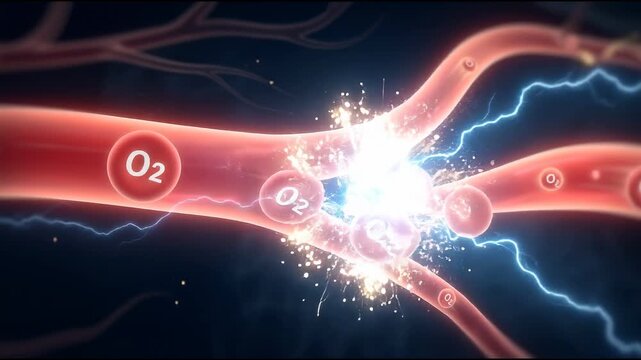 Bioenergetics concept ,Oxygen molecule bloodstream pathway electric energy flow through red blood vessel branches glowing dark