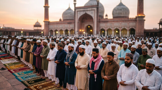 Muslim men standing in rows for Eid prayer in a mosque courtyard at dawn