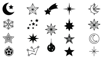 Fototapeta premium Collection of celestial elements including stars moons snowflakes and comets in black ink