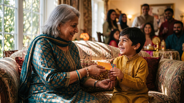 Happy grandmother giving Eidi gift envelope to grandson during Eid celebration