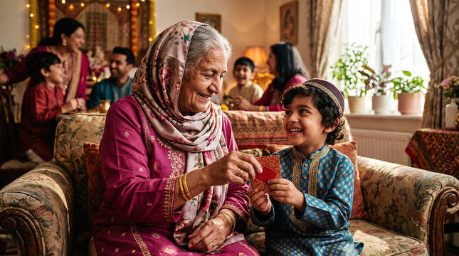 Grandmother giving Eidi gift envelope to grandson during Eid celebration