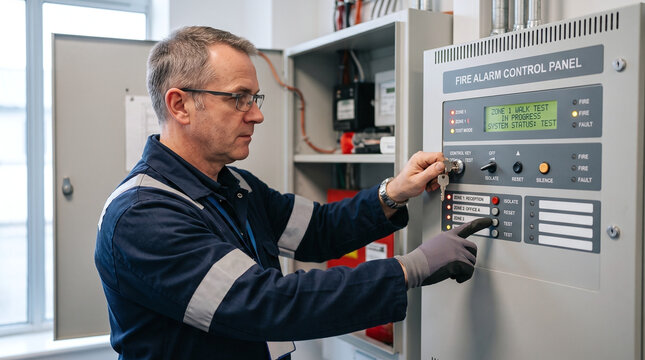 Technician in uniform testing a fire alarm control panel system in a building.