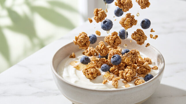 Granola and fresh blueberries falling into a bowl of creamy Greek yogurt.