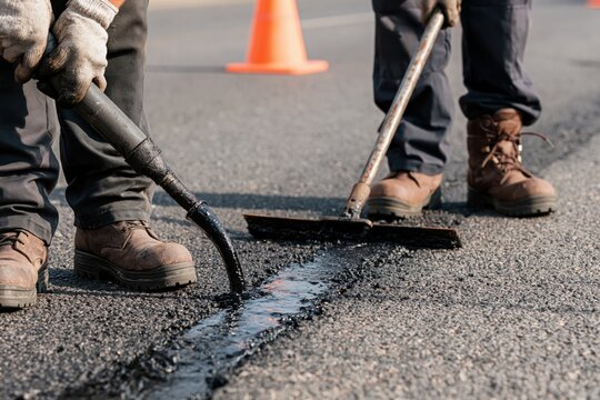 Asphalt road repair by construction crew using equipment for pavement maintenance
