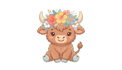 Fototapeta premium Cute Highland Cow with Floral Wreath Isolated