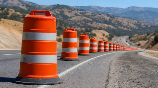 Orange and white striped traffic safety barrels lined up along the highway.