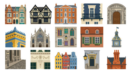 Naklejka premium Architecture Flat Design City Building Facades and Elements Vector Illustration Collection