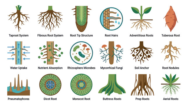 Plant Root Systems and Functions - Botanical Illustration, Flat Design
