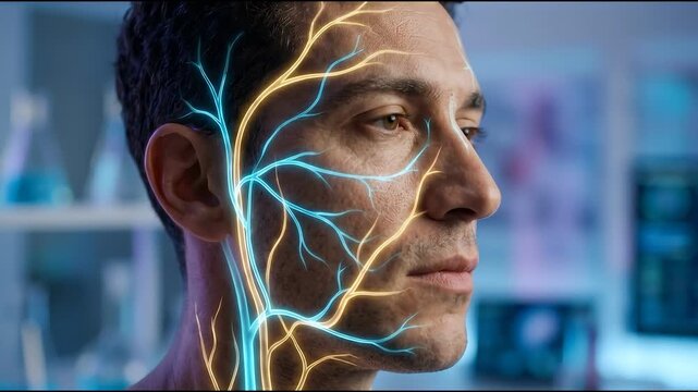 Bioenergetics concept ,Human profile glowing light beams highlighting veins and nerves with detailed face anatomy medical