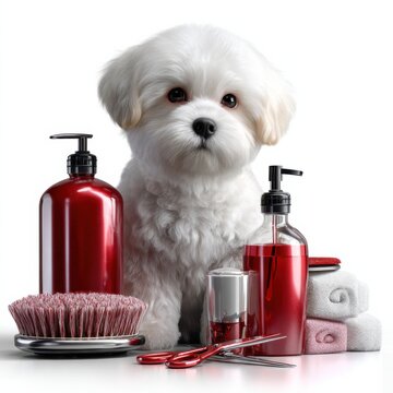 Grooming Tools & Fluffy Dog on White