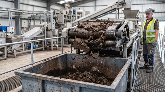 Industrial worker monitoring dewatered sludge cake discharge from belt press.