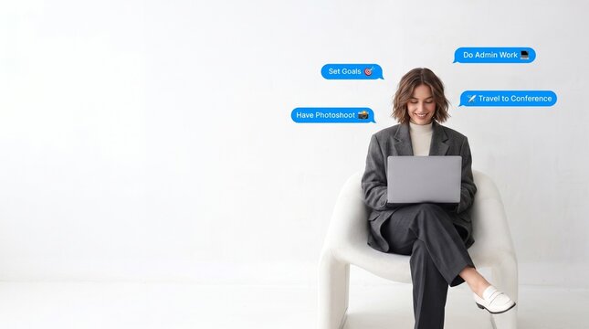 Young Businesswoman Using Laptop with Task List Bubble Icons Floating Above Her Head