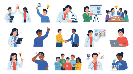 Fototapeta premium Flat Illustration: Scientists Collaborate and Achieve Success in Research